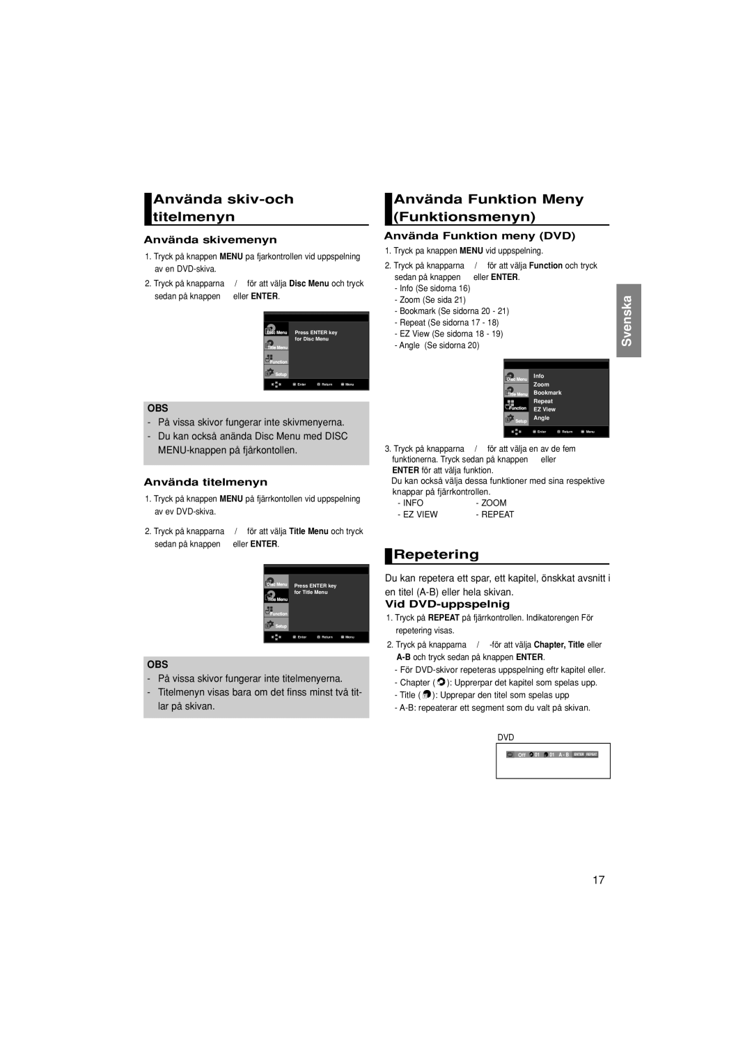 Samsung DVD-F1080/XEE, DVD-F1080W/XEE manual Använda skiv-och titelmenyn, Använda Funktion Meny Funktionsmenyn, Repetering 