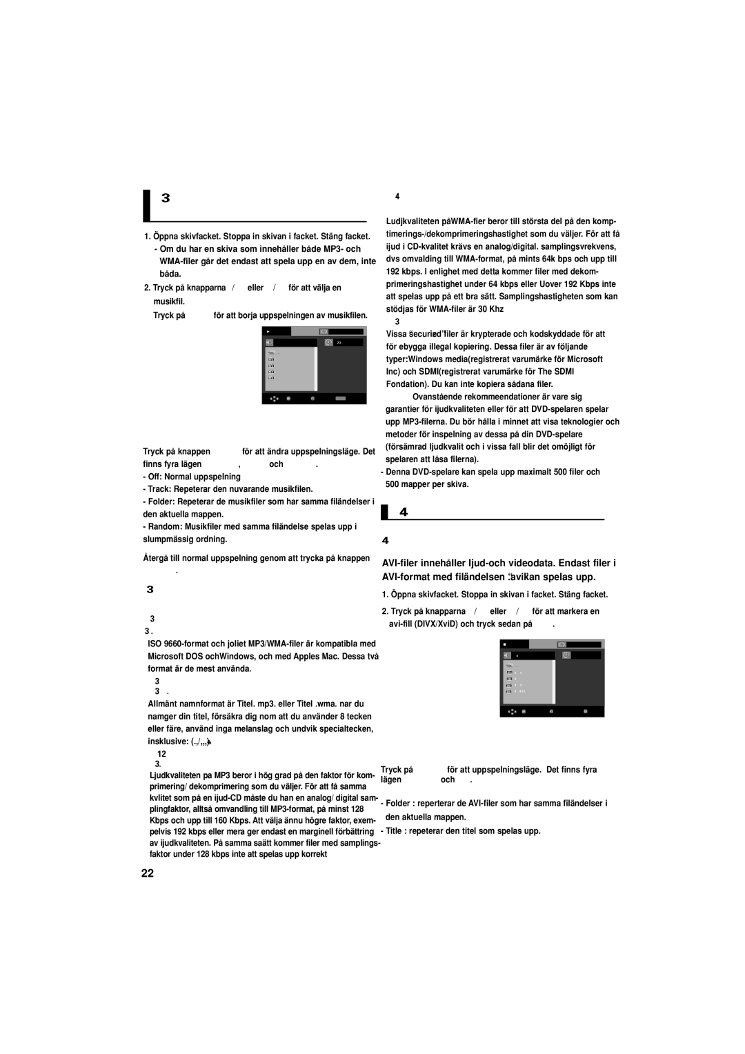 Samsung DVD-F1080W/XEE, DVD-F1080/XEE manual Uppspelning av MP3/WMA/ CD Audio, Uppspelning av MPEG4 