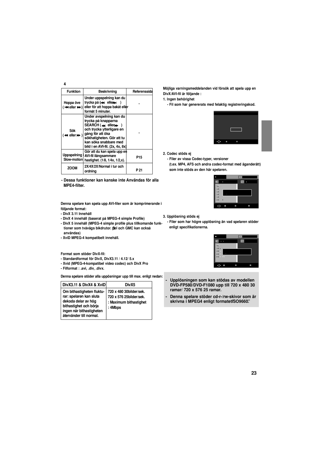 Samsung DVD-F1080/XEE, DVD-F1080W/XEE manual Beskrivning av MPE4s funktion, CD-R AVI- file, Dvd-Rw & Dvd+R, DivX5 