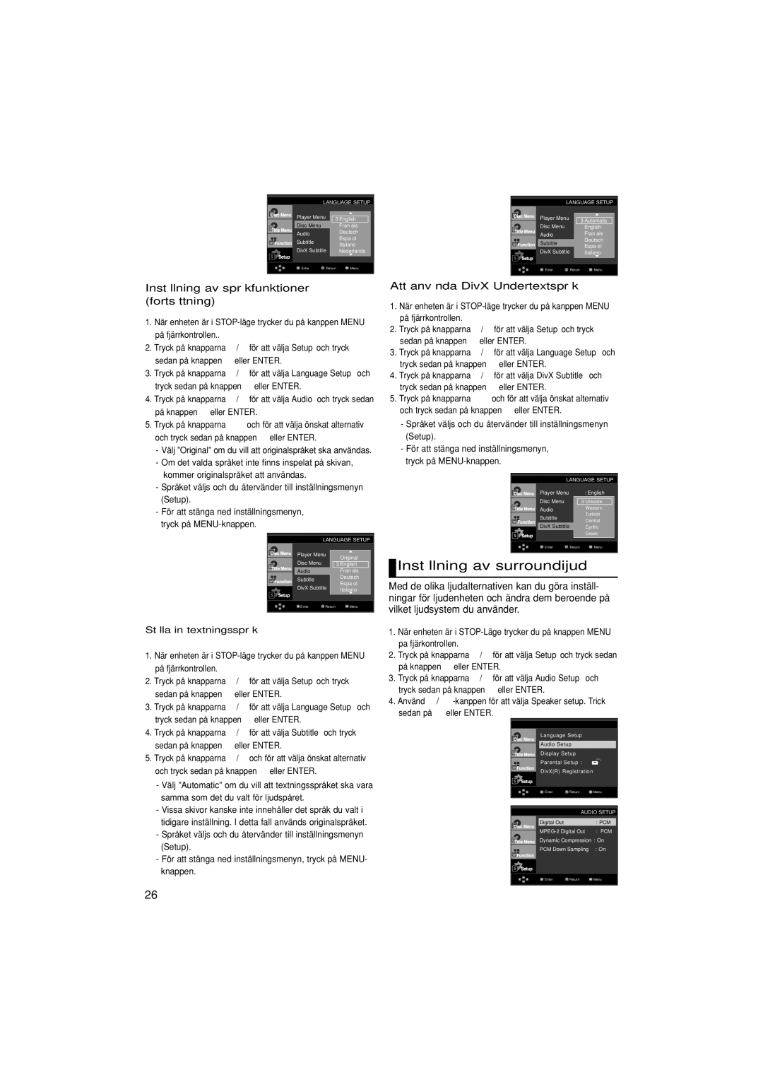 Samsung DVD-F1080W/XEE Inställning av surroundijud, Inställning av språkfunktioner fortsättning, Ställa in textningsspråk 