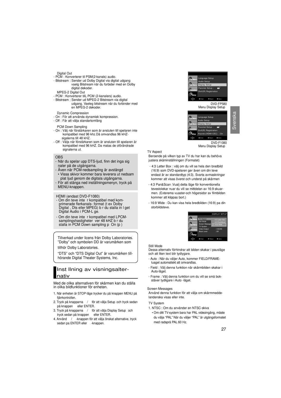 Samsung DVD-F1080/XEE Inställning av visningsalter- nativ, För att stänga ned inställningsmenyn, tryck på MENU-knappen 