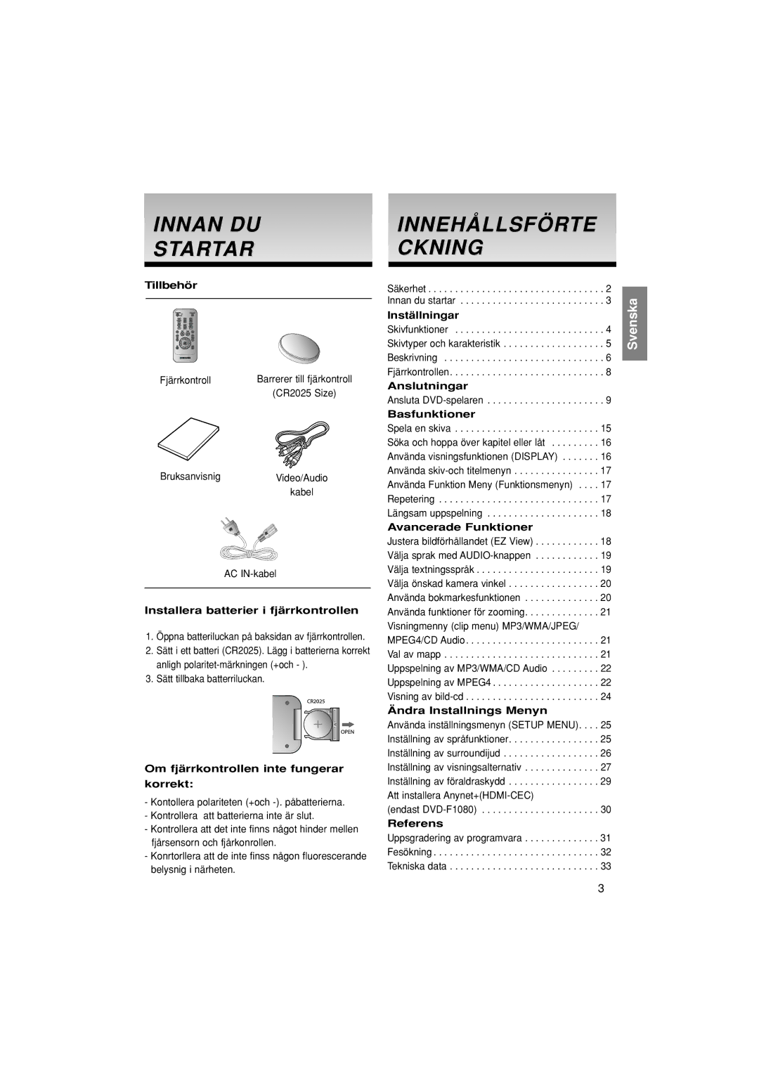 Samsung DVD-F1080/XEE, DVD-F1080W/XEE manual Innan DU Startar, Innehållsförte Ckning 