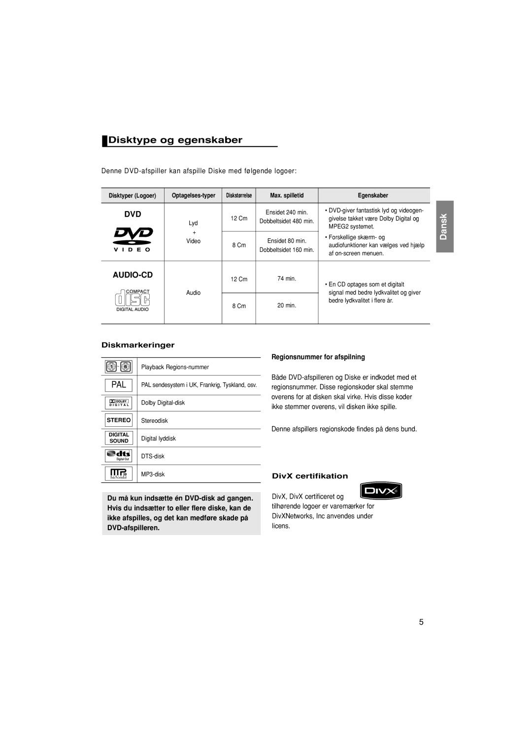 Samsung DVD-F1080W/XEE, DVD-F1080/XEE manual Disktype og egenskaber 