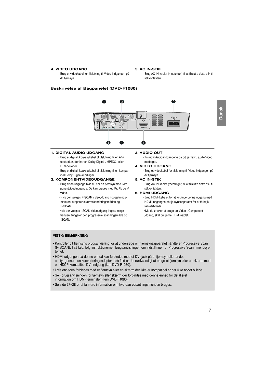 Samsung DVD-F1080W/XEE manual Beskrivelse af Bagpanelet DVD-F1080, Vigtig Bemærkning, Video Udgang AC IN-STIK, Hdmi-Udgang 