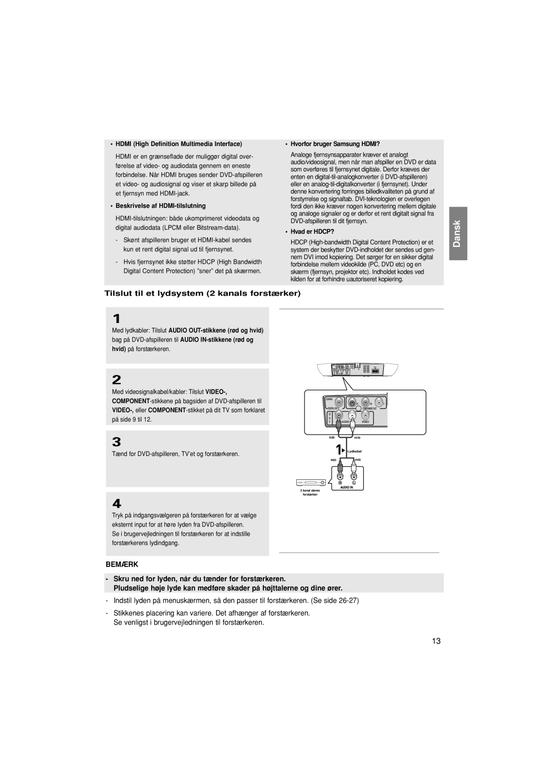 Samsung DVD-F1080W/XEE manual Tilslut til et lydsystem 2 kanals forstærker, Beskrivelse af HDMI-tilslutning, Hvad er HDCP? 