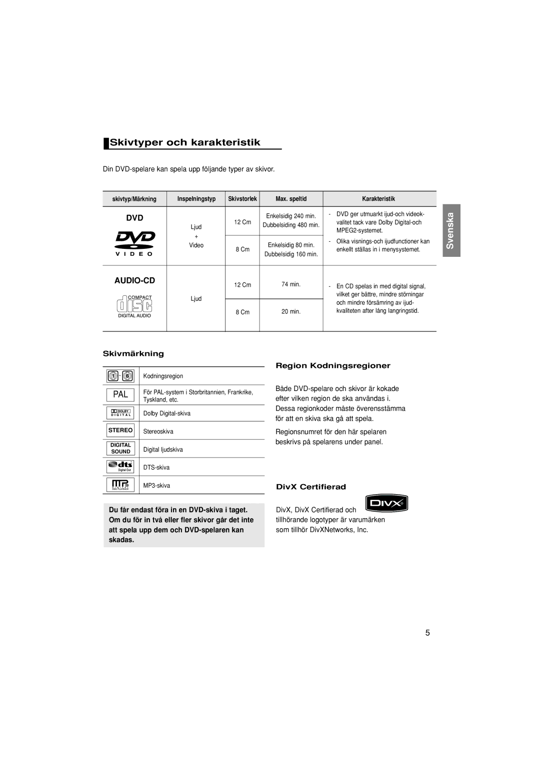 Samsung DVD-F1080/XEE Skivtyper och karakteristik, Din DVD-spelare kan spela upp följande typer av skivor, Skivmärkning 