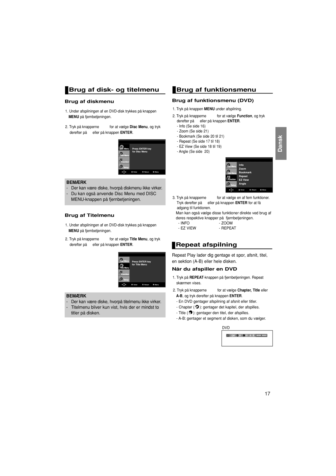 Samsung DVD-F1080W/XEE, DVD-F1080/XEE manual Brug af disk- og titelmenu, Brug af funktionsmenu, Repeat afspilning 