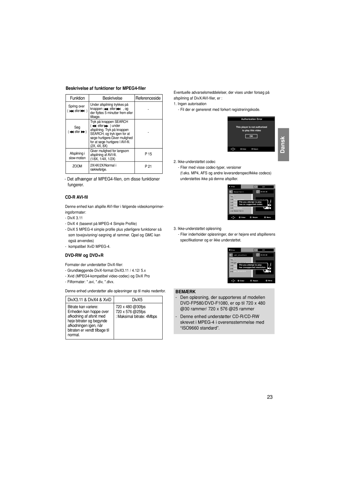Samsung DVD-F1080W/XEE, DVD-F1080/XEE manual Beskrivelse af funktioner for MPEG4-filer, CD-R AVI-fil, DVD-RW og DVD+R 