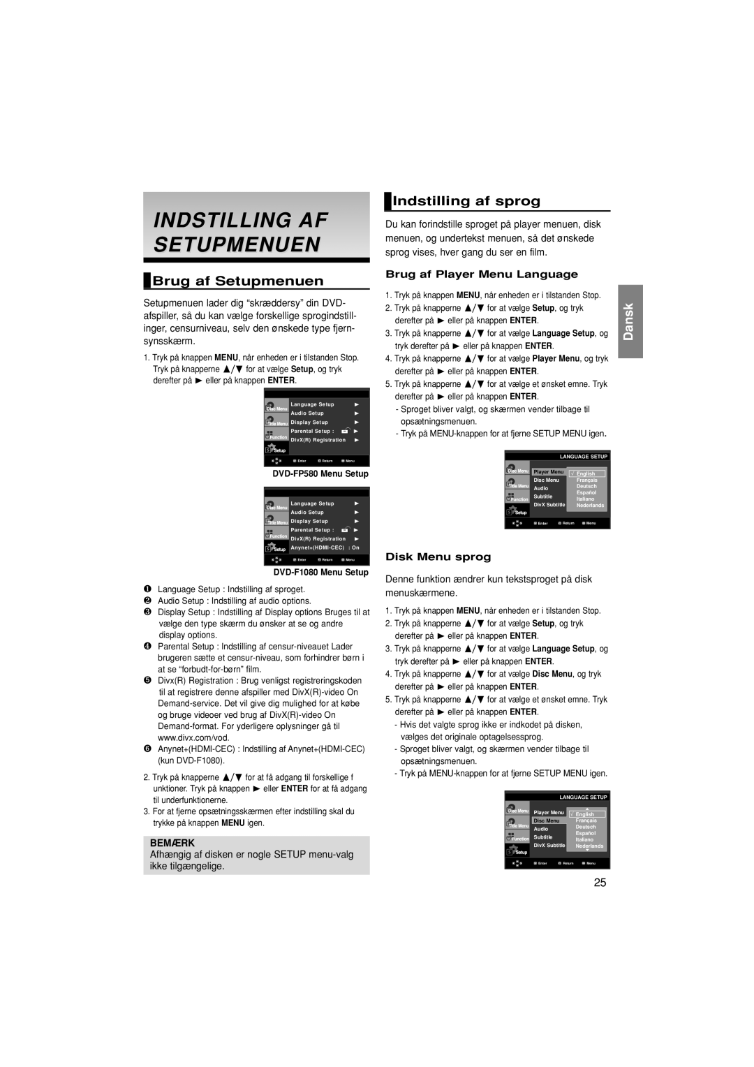Samsung DVD-F1080W/XEE Indstilling AF Setupmenuen, Brug af Setupmenuen, Indstilling af sprog, Brug af Player Menu Language 