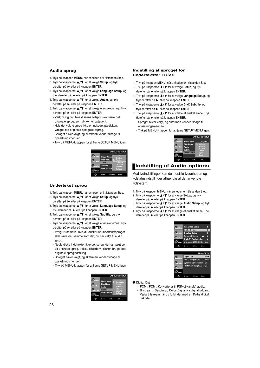 Samsung DVD-F1080/XEE, DVD-F1080W/XEE manual Indstilling af Audio-options, Audio sprog, Undertekst sprog 