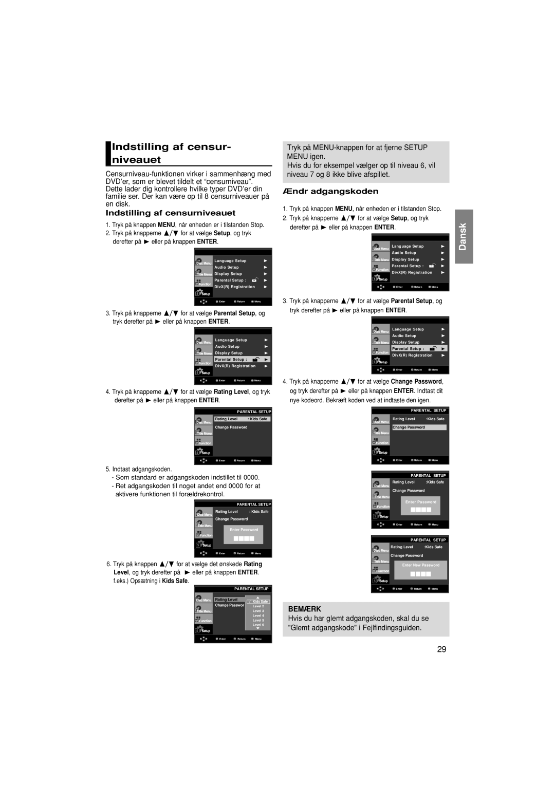 Samsung DVD-F1080W/XEE, DVD-F1080/XEE Indstilling af censur- niveauet, Indstilling af censurniveauet, Ændr adgangskoden 