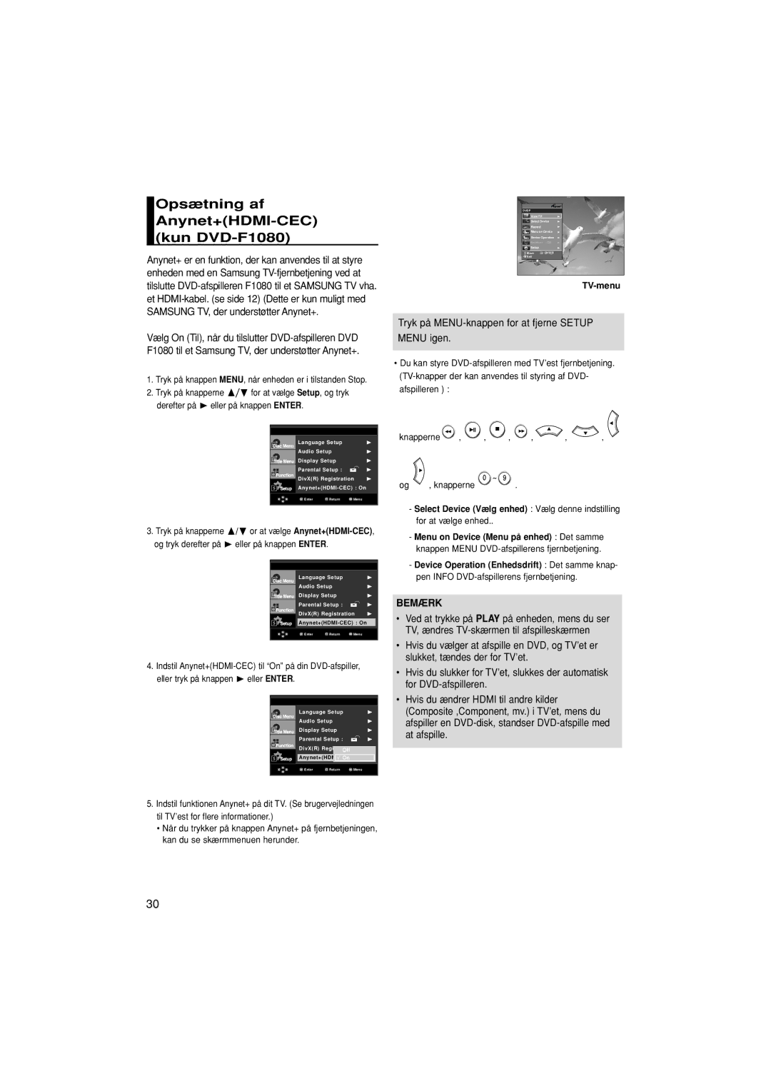 Samsung DVD-F1080/XEE, DVD-F1080W/XEE manual Opsætning af Anynet+HDMI-CEC kun DVD-F1080, TV-menu 