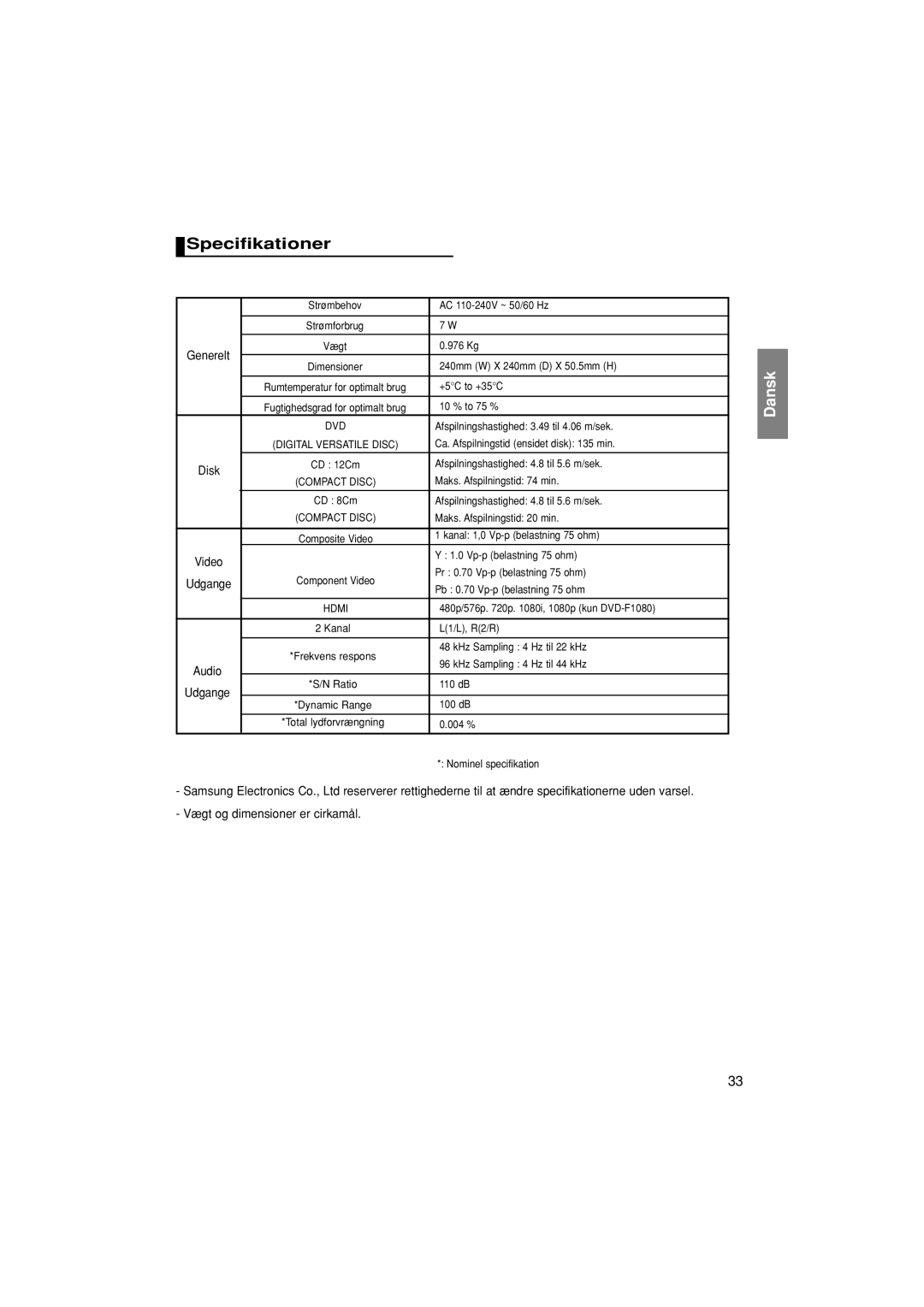 Samsung DVD-F1080W/XEE, DVD-F1080/XEE manual Specifikationer, Vægt og dimensioner er cirkamål 