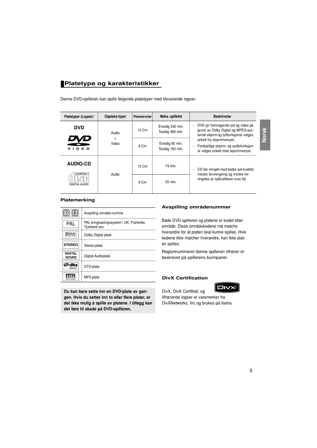 Samsung DVD-F1080/XEE manual Platetype og karakteristikker, Platemerking, Avspilling områdenummer, DivX Certification 
