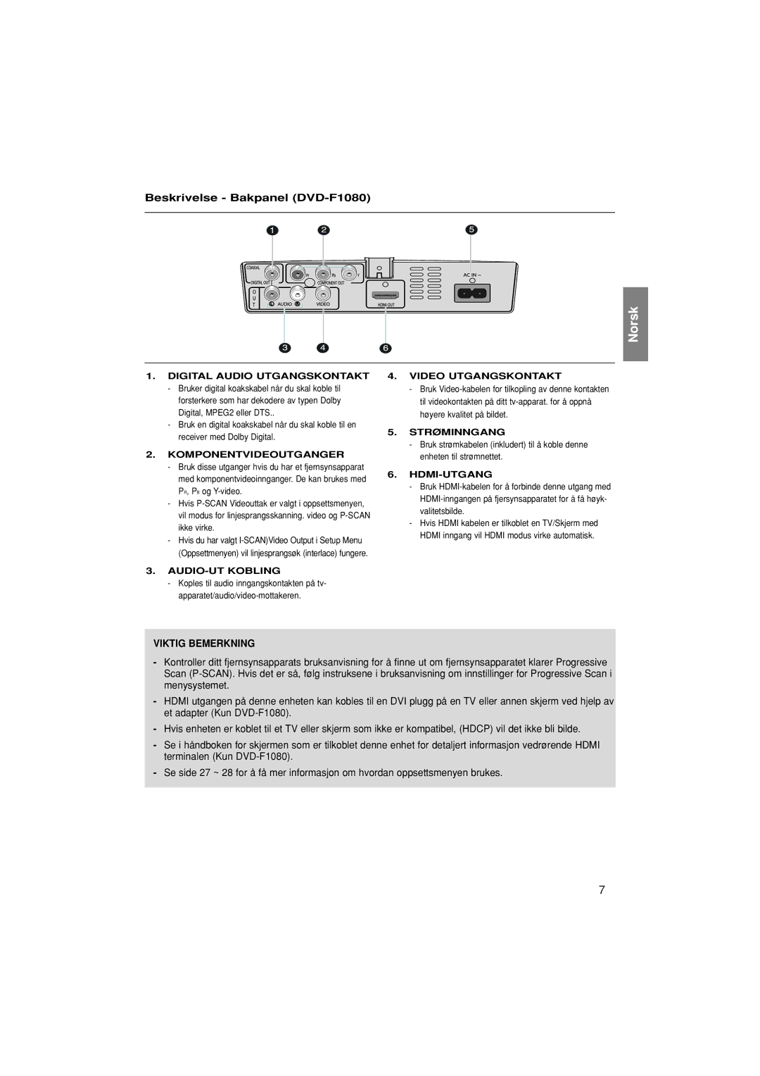 Samsung DVD-F1080/XEE, DVD-F1080W/XEE manual Beskrivelse Bakpanel DVD-F1080, Viktig Bemerkning, Hdmi-Utgang 