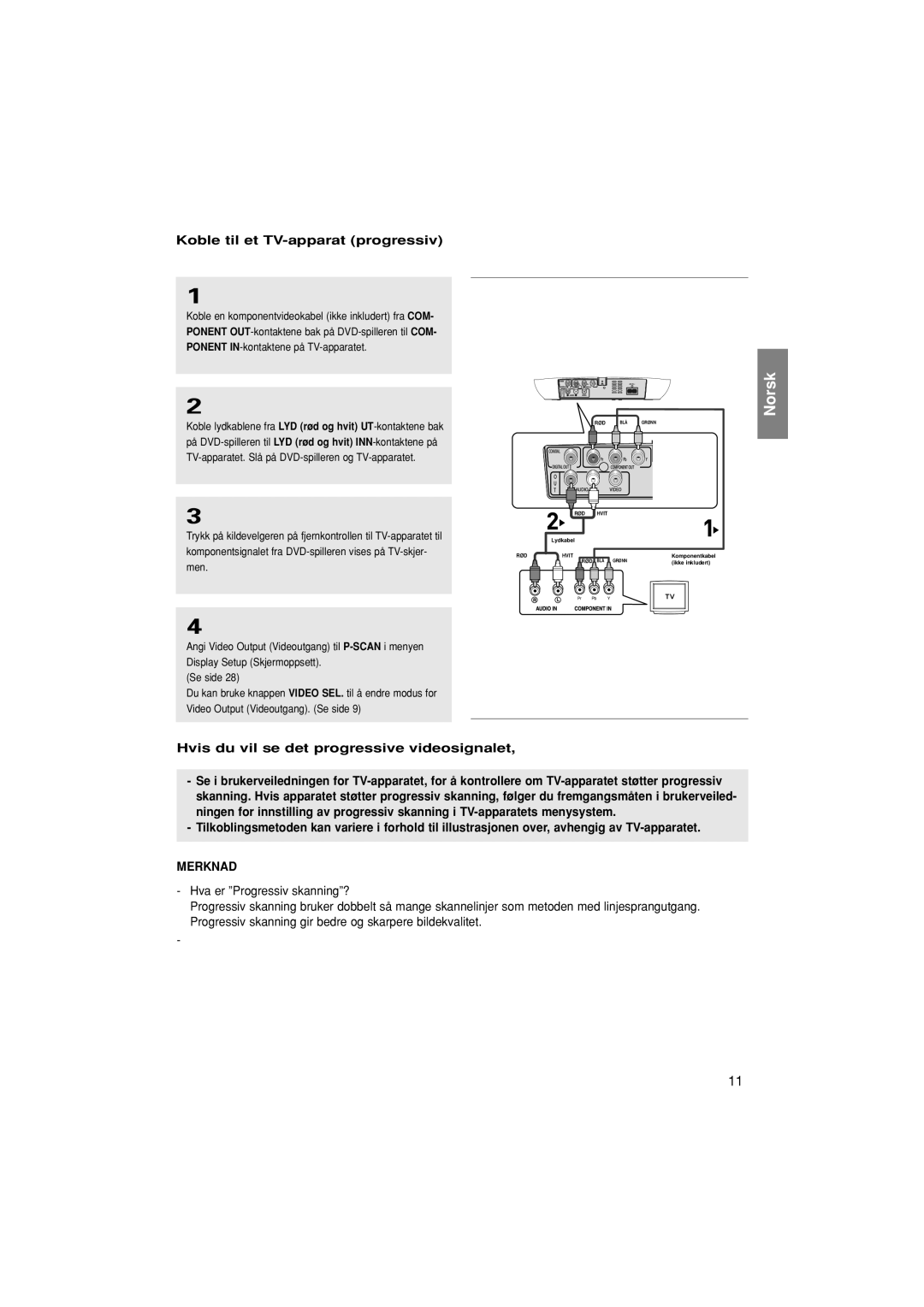 Samsung DVD-F1080/XEE, DVD-F1080W/XEE Koble til et TV-apparat progressiv, Hvis du vil se det progressive videosignalet 