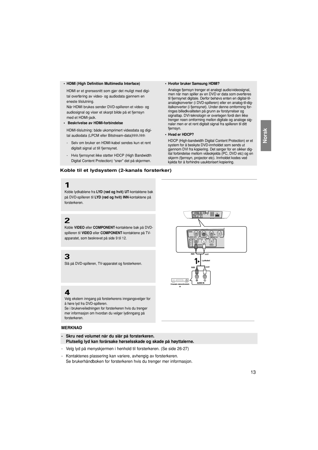 Samsung DVD-F1080/XEE, DVD-F1080W/XEE manual Koble til et lydsystem 2-kanals forsterker, Beskrivelse av HDMI-forbindelse 