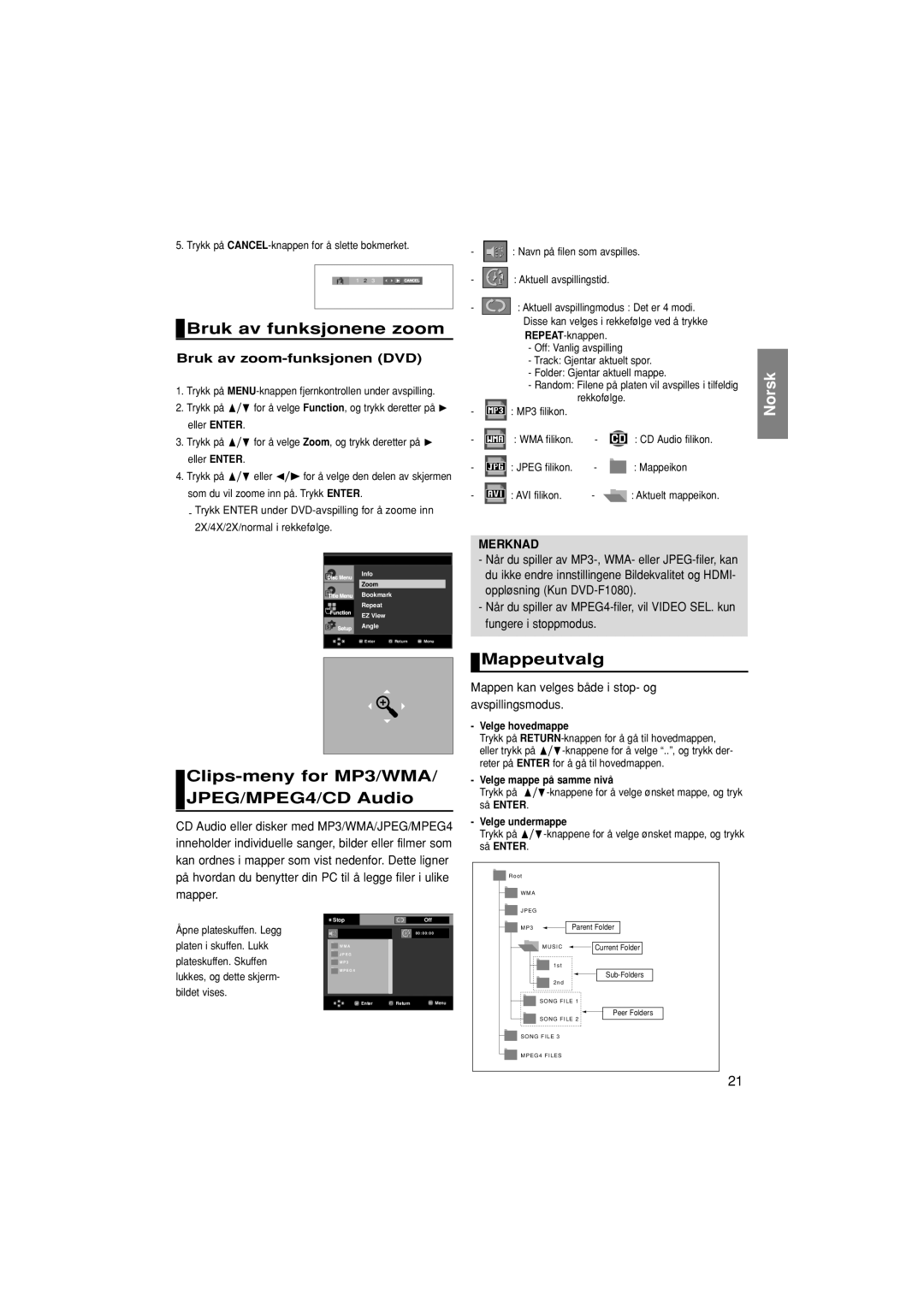 Samsung DVD-F1080/XEE, DVD-F1080W/XEE Bruk av funksjonene zoom, Clips-meny for MP3/WMA/ JPEG/MPEG4/CD Audio, Mappeutvalg 