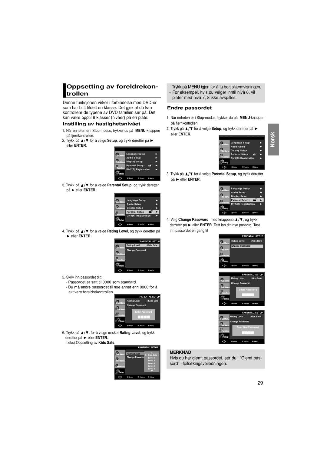 Samsung DVD-F1080/XEE, DVD-F1080W/XEE Oppsetting av foreldrekon- trollen, Instilling av hastighetsnivået, Endre passordet 