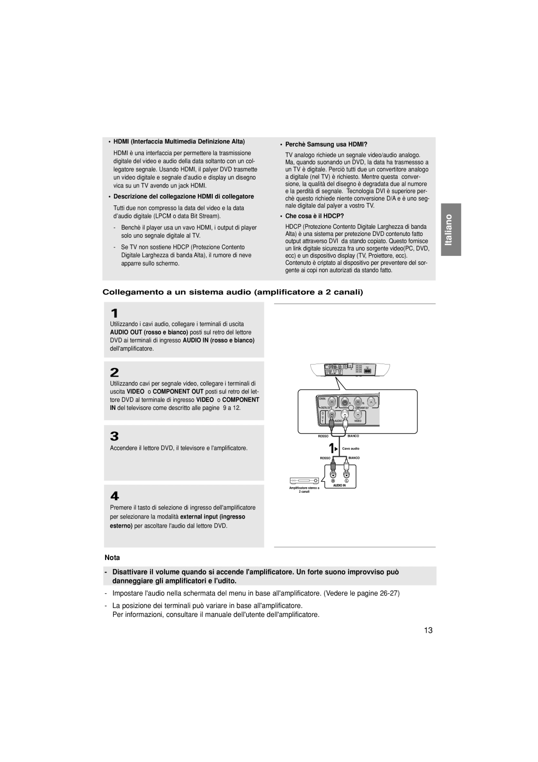 Samsung DVD-F1080/XET manual Collegamento a un sistema audio amplificatore a 2 canali, Perchè Samsung usa HDMI? 