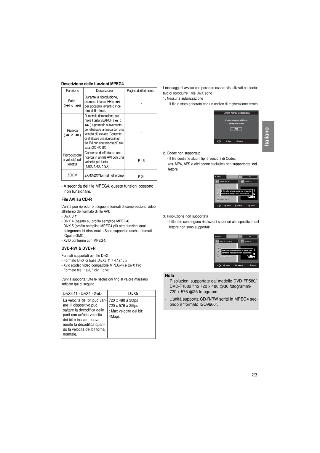 Samsung DVD-F1080/XET manual Descrizione delle funzioni MPEG4, File AVI su CD-R 