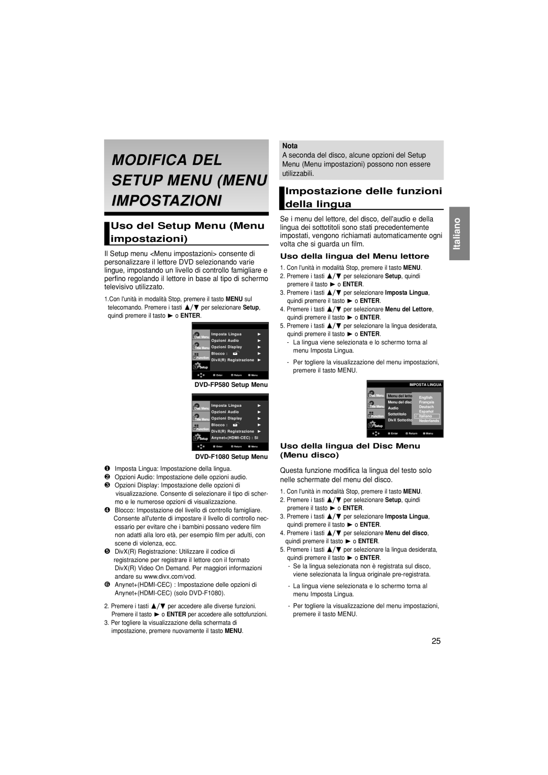 Samsung DVD-F1080/XET manual Modifica DEL Setup Menu Menu Impostazioni, Uso del Setup Menu Menu impostazioni 