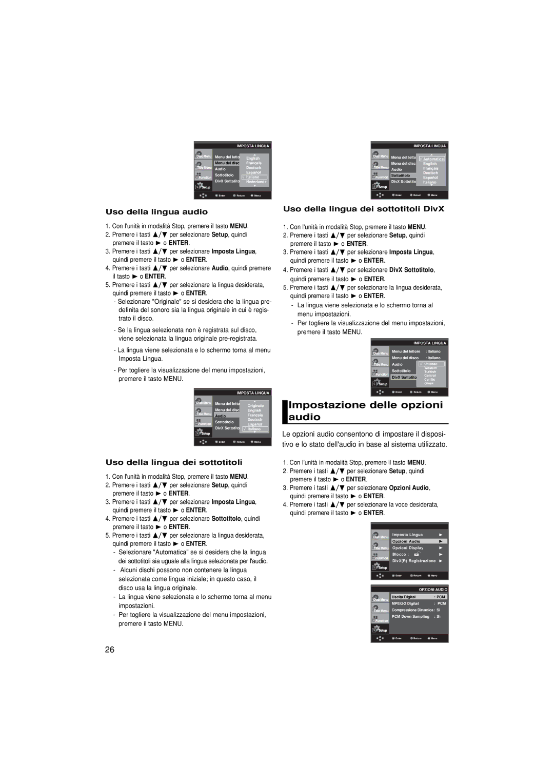 Samsung DVD-F1080/XET manual Impostazione delle opzioni audio, Uso della lingua dei sottotitoli 