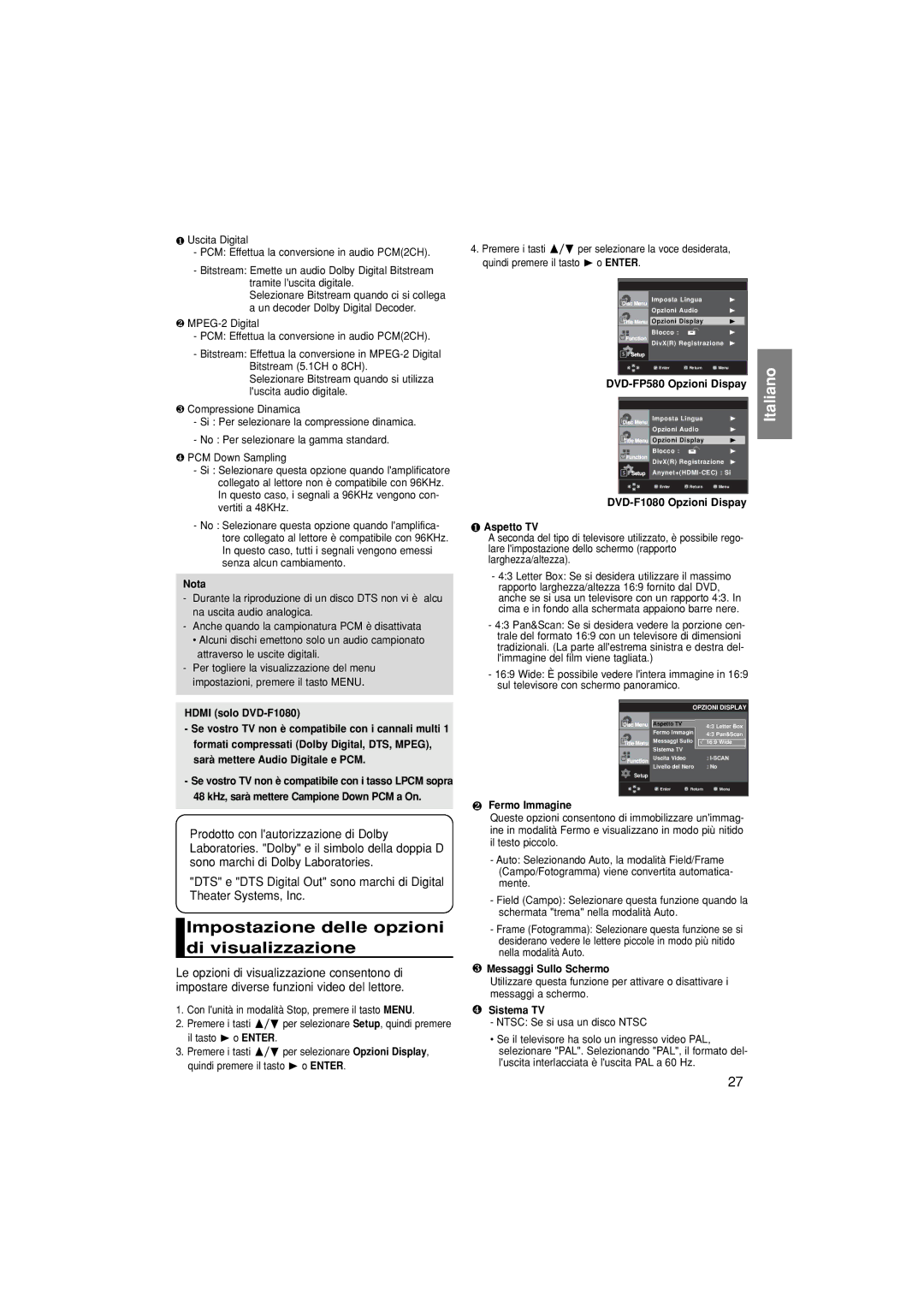 Samsung DVD-F1080/XET manual Impostazione delle opzioni di visualizzazione 