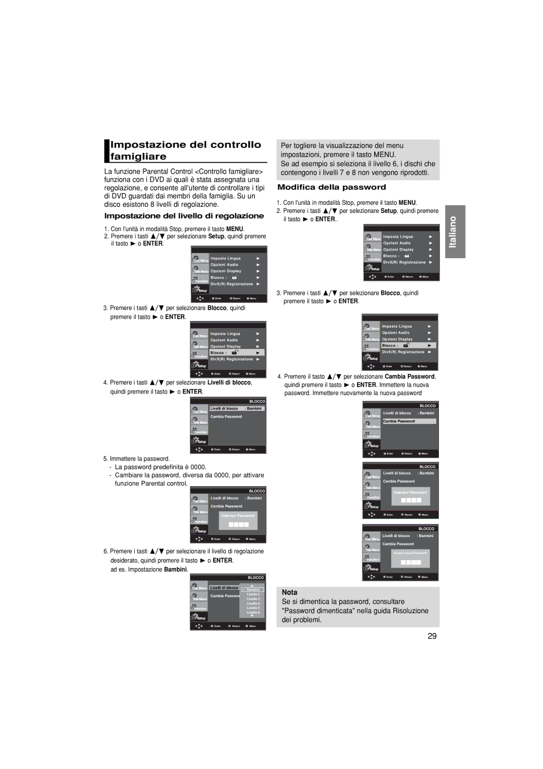 Samsung DVD-F1080/XET manual Impostazione del controllo famigliare, Impostazione del livello di regolazione 