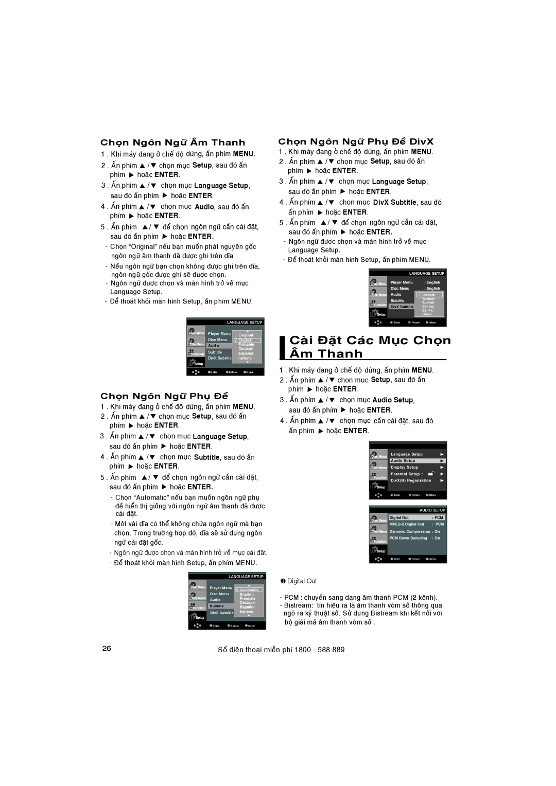 Samsung DVD-F1080/XSV, DVD-FP580/XSV manual Setup , sau, Audio , sau, Language Setup, DivX Subtitle, sau, Audio Setup 