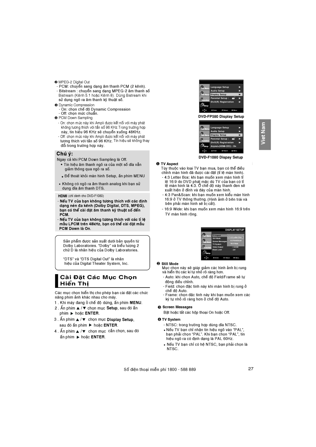 Samsung DVD-FP580/XSV, DVD-F1080/XSV manual Thò, Display Setup 