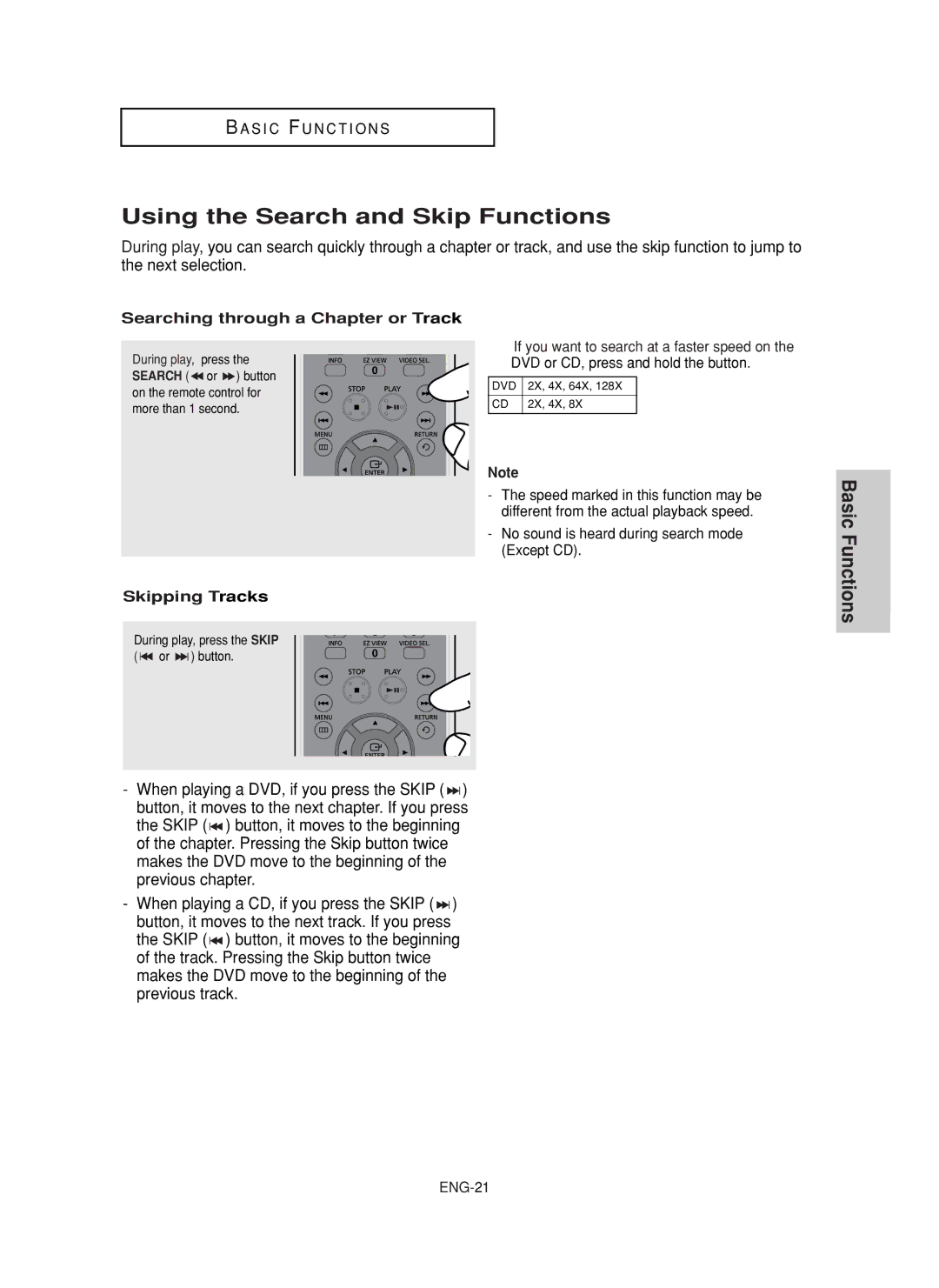 Samsung DVD-F1080, DVD-FP580 Using the Search and Skip Functions, Searching through a Chapter or Track, Skipping Tracks 