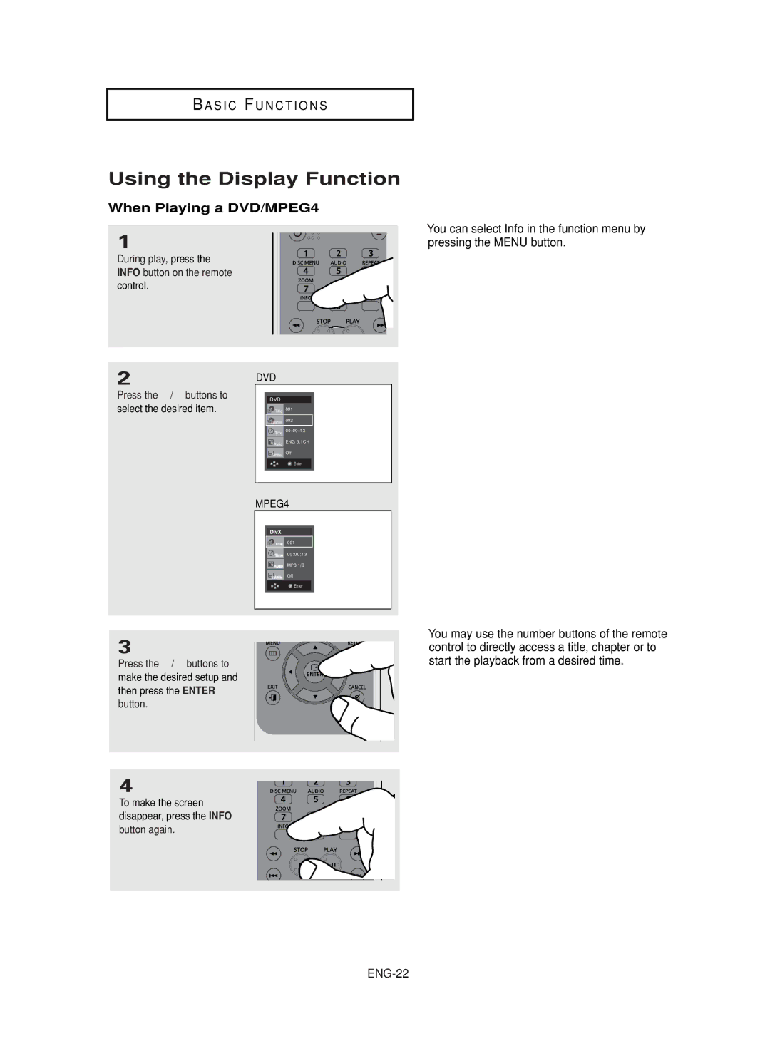 Samsung DVD-FP580, DVD-F1080 manual Using the Display Function, When Playing a DVD/MPEG4 