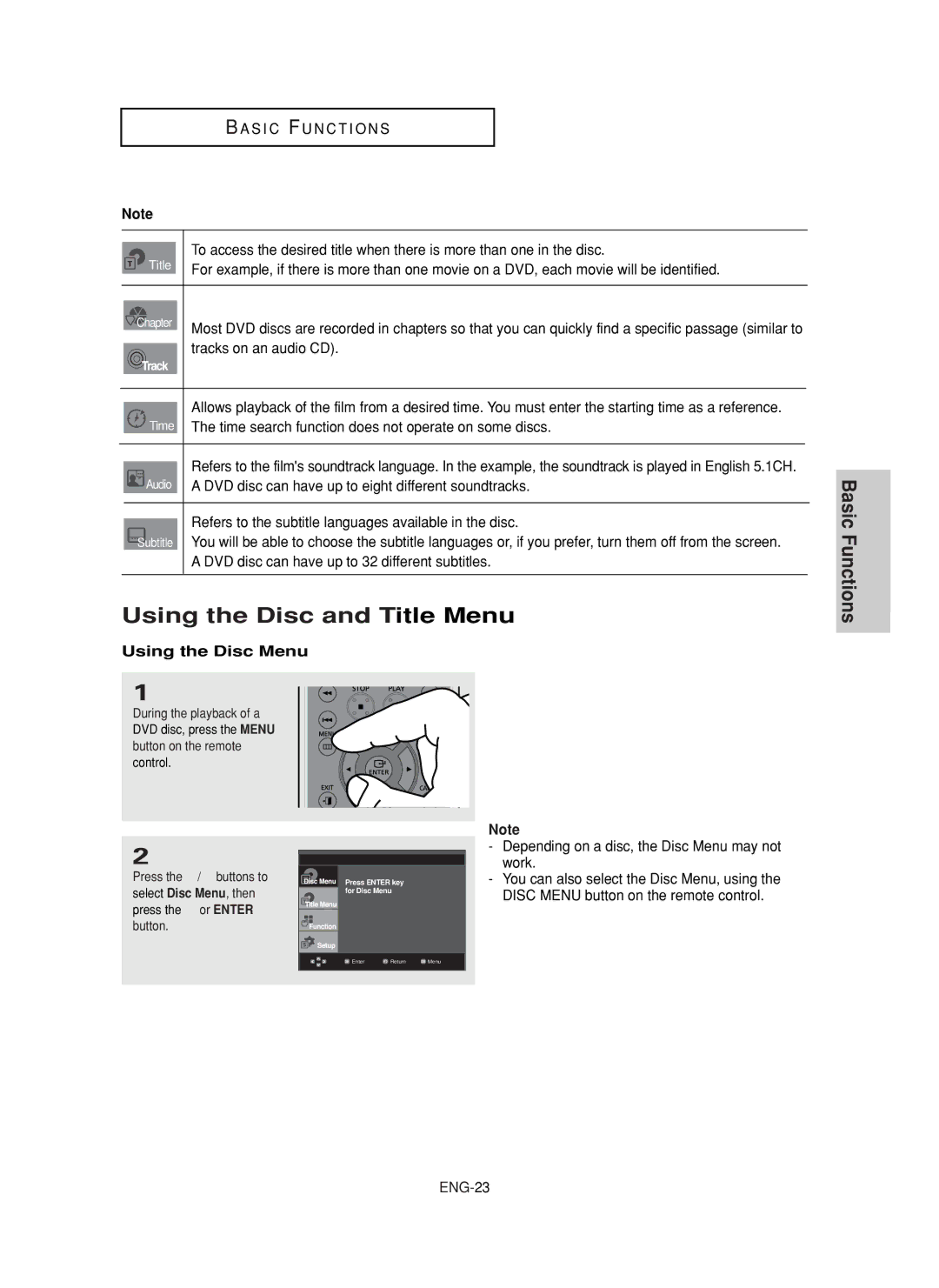 Samsung DVD-F1080, DVD-FP580 manual Using the Disc and Title Menu, Using the Disc Menu 