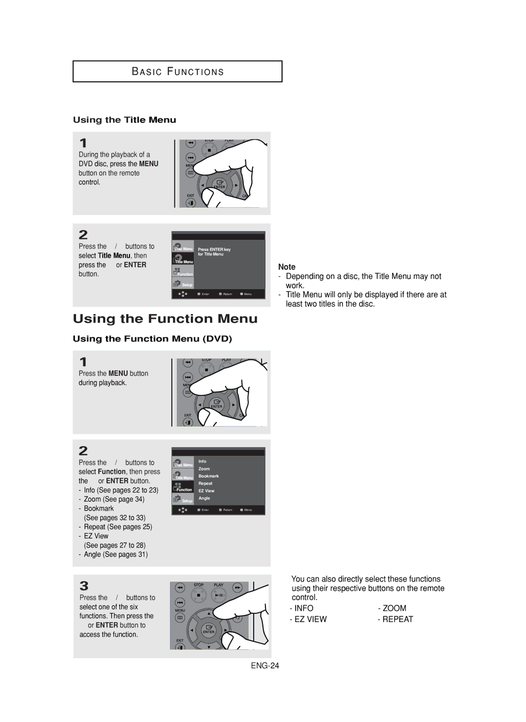 Samsung DVD-FP580 Using the Title Menu, Using the Function Menu DVD, You can also directly select these functions 