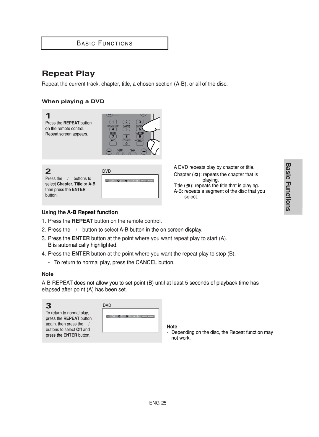 Samsung DVD-F1080, DVD-FP580 manual Repeat Play, Using the A-B Repeat function, When playing a DVD 