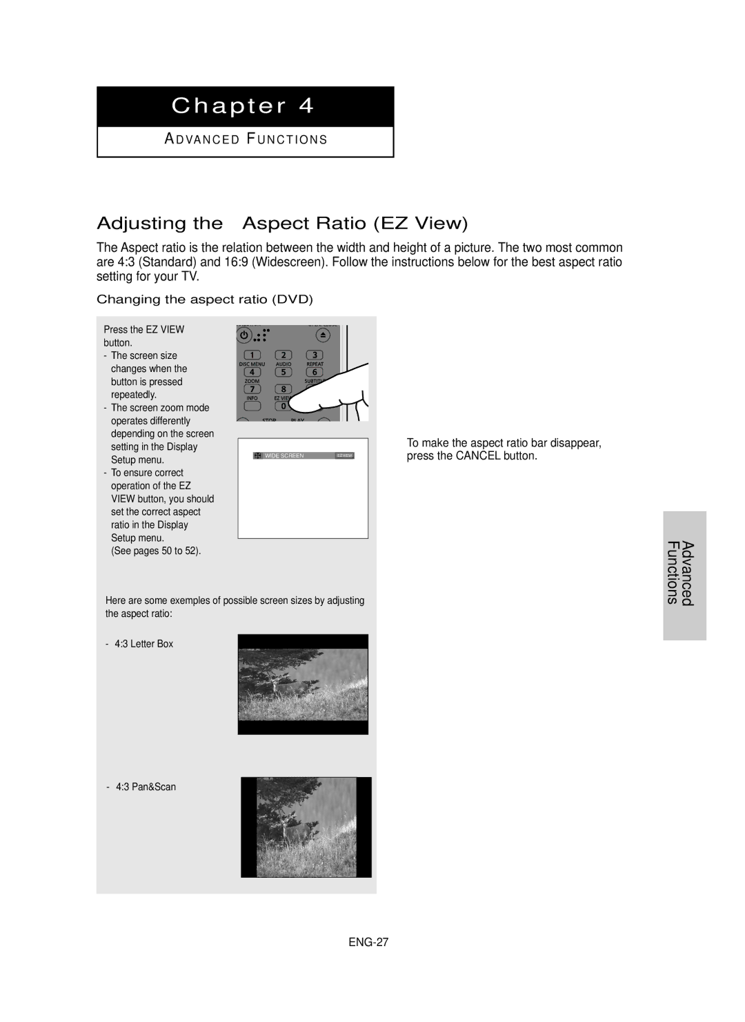 Samsung DVD-F1080, DVD-FP580 Adjusting the Aspect Ratio EZ View, Changing the aspect ratio DVD, Press the EZ View button 