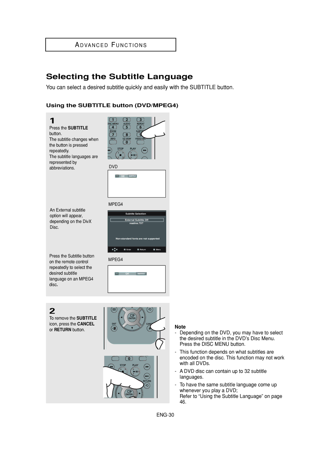 Samsung DVD-FP580, DVD-F1080 manual Selecting the Subtitle Language, Using the Subtitle button DVD/MPEG4 