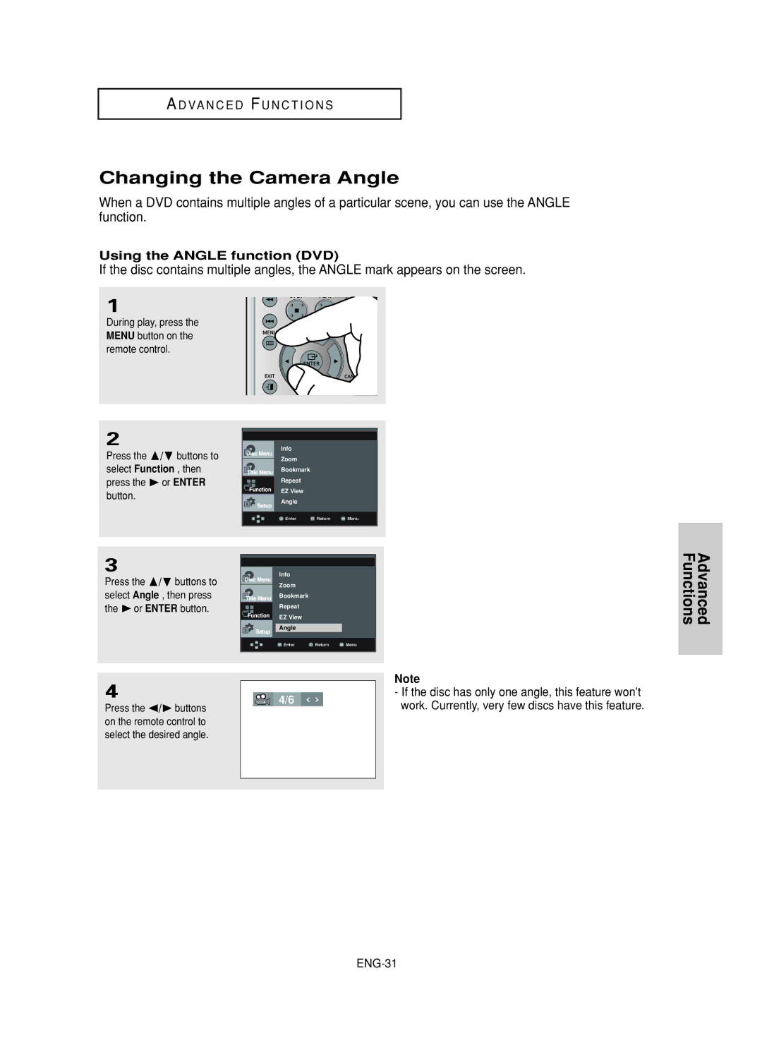 Samsung DVD-F1080, DVD-FP580 manual Changing the Camera Angle, Using the Angle function DVD 