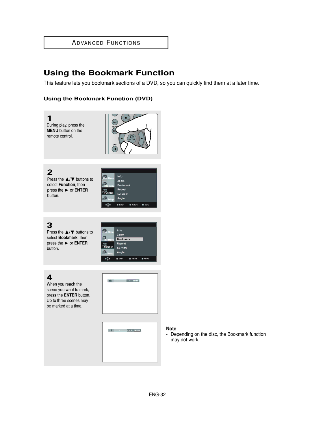 Samsung DVD-FP580, DVD-F1080 manual Using the Bookmark Function DVD 