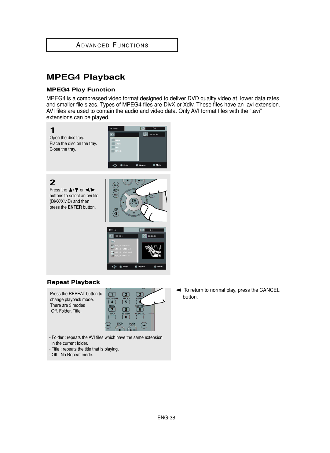 Samsung DVD-FP580, DVD-F1080 manual MPEG4 Playback, MPEG4 Play Function, Repeat Playback 