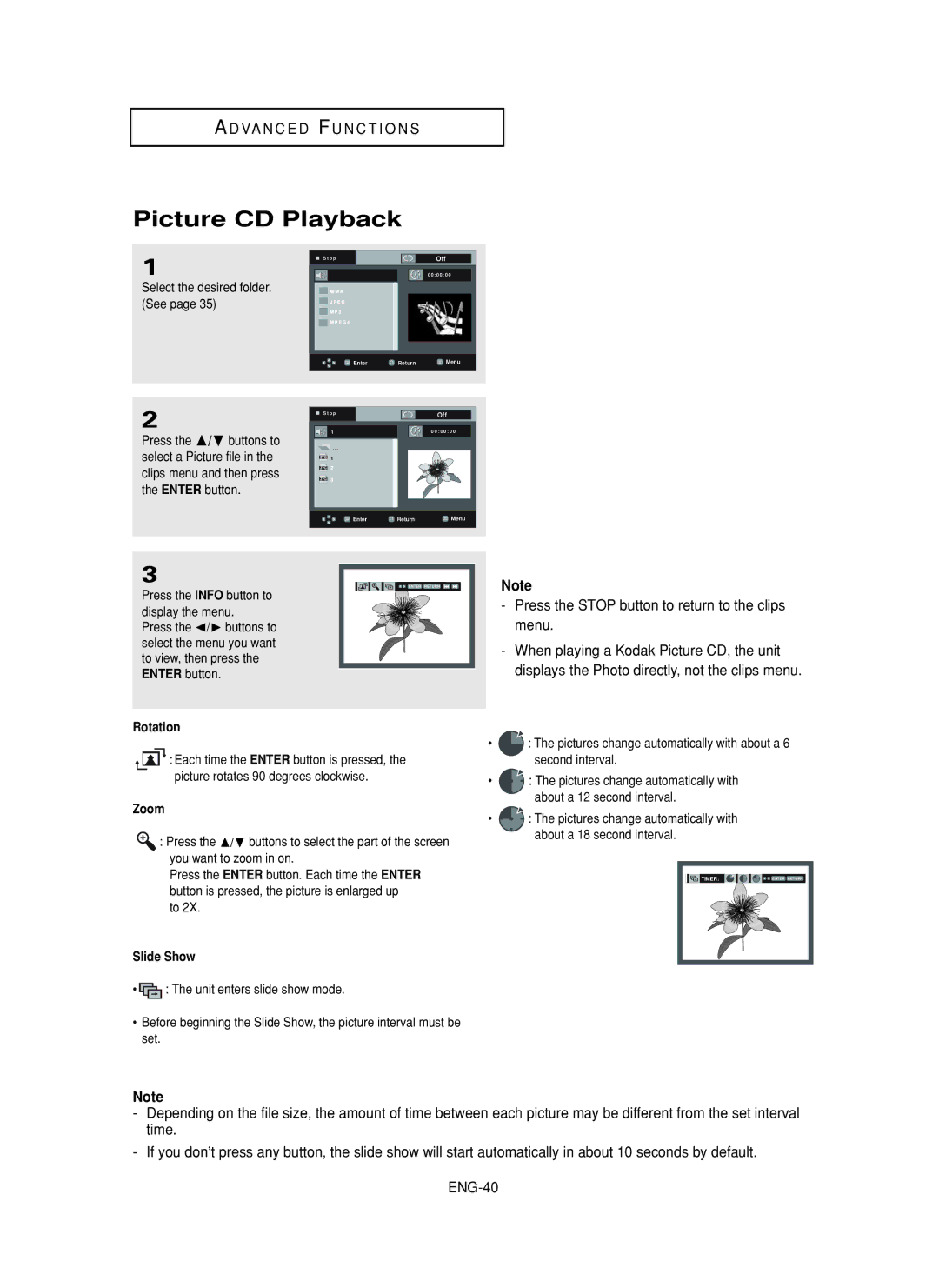 Samsung DVD-FP580, DVD-F1080 manual Picture CD Playback, Rotation, Zoom, Slide Show 