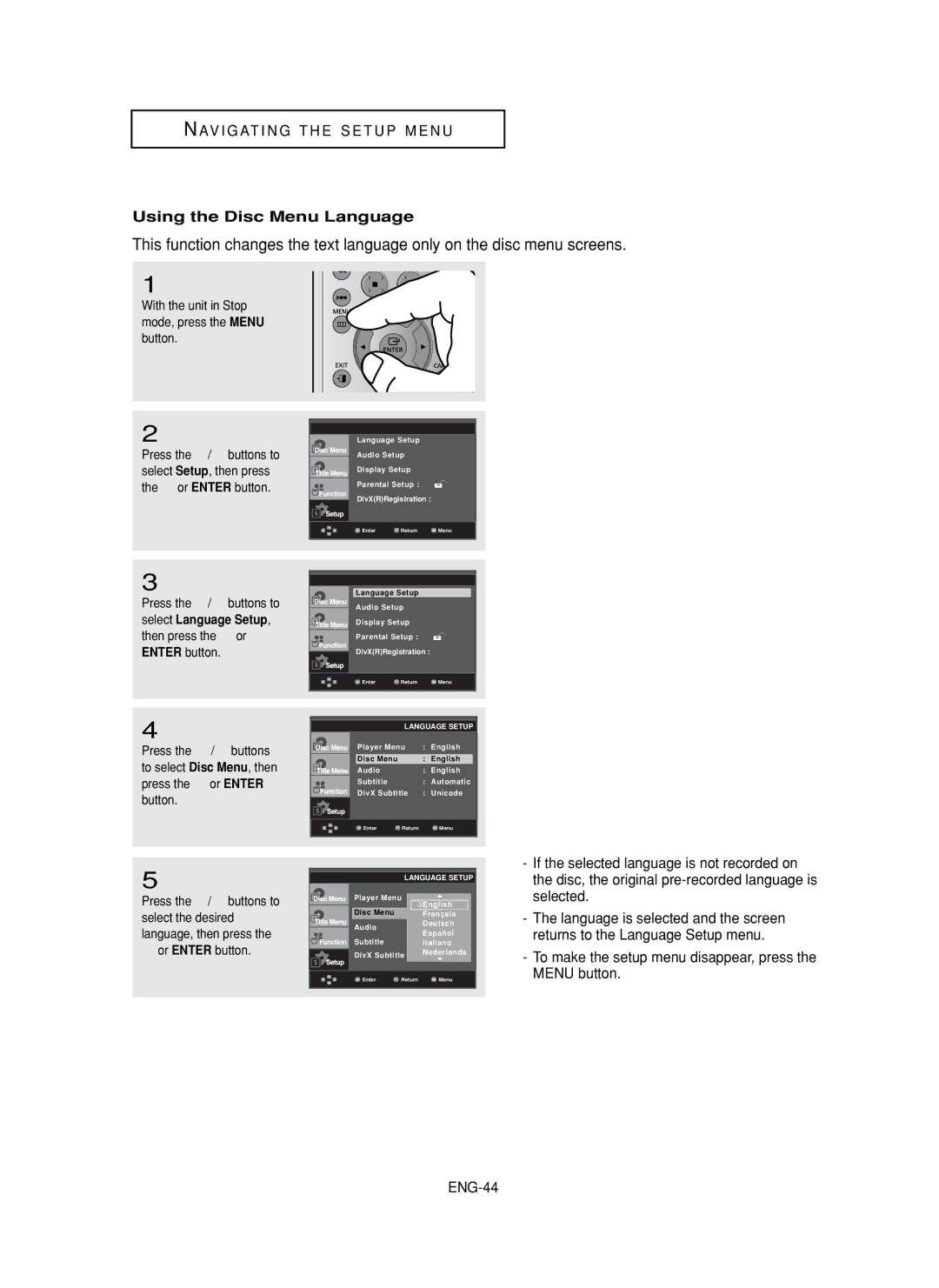 Samsung DVD-FP580, DVD-F1080 manual Using the Disc Menu Language 