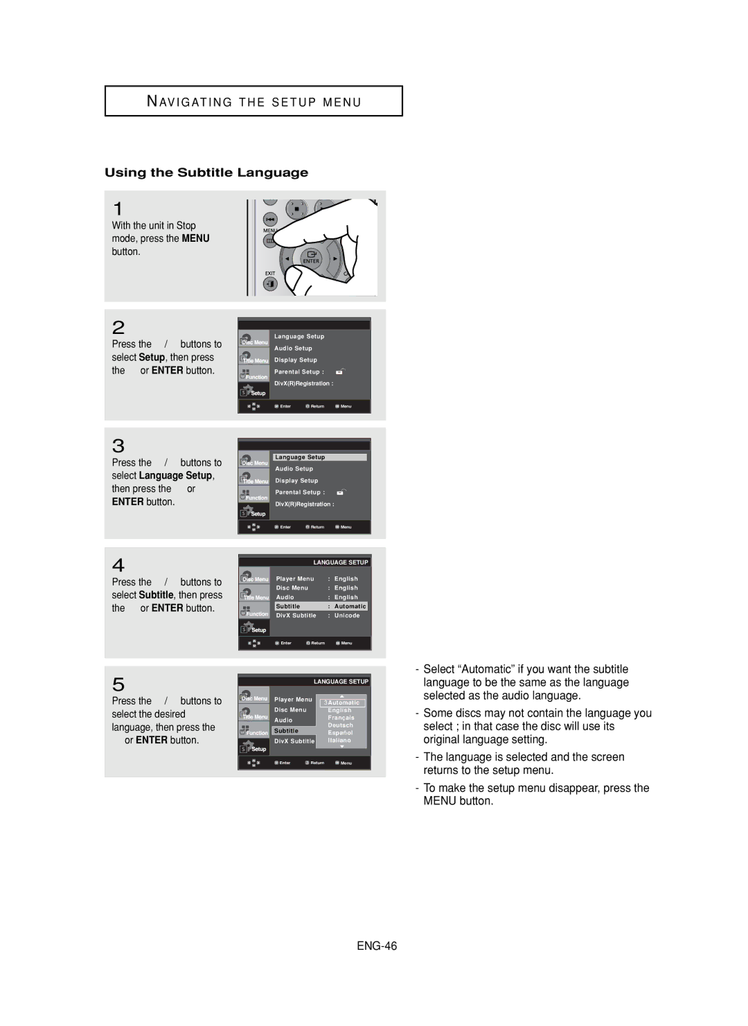 Samsung DVD-FP580, DVD-F1080 manual Using the Subtitle Language, Some discs may not contain the language you 