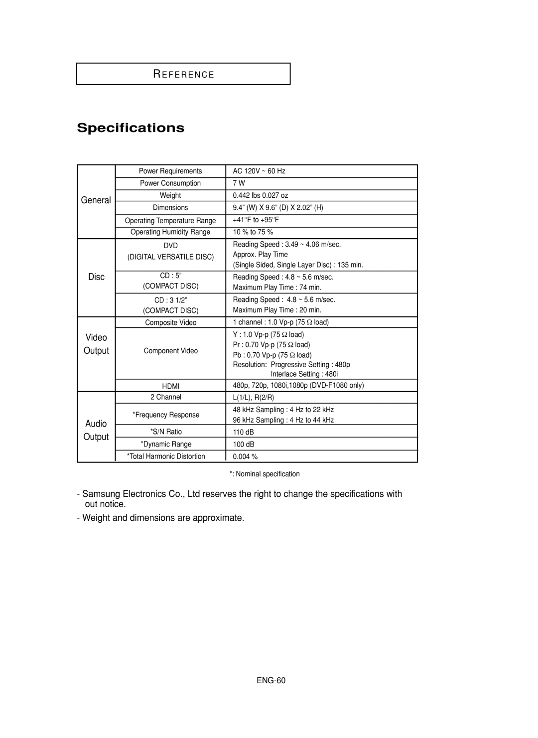 Samsung DVD-FP580, DVD-F1080 manual Specifications 