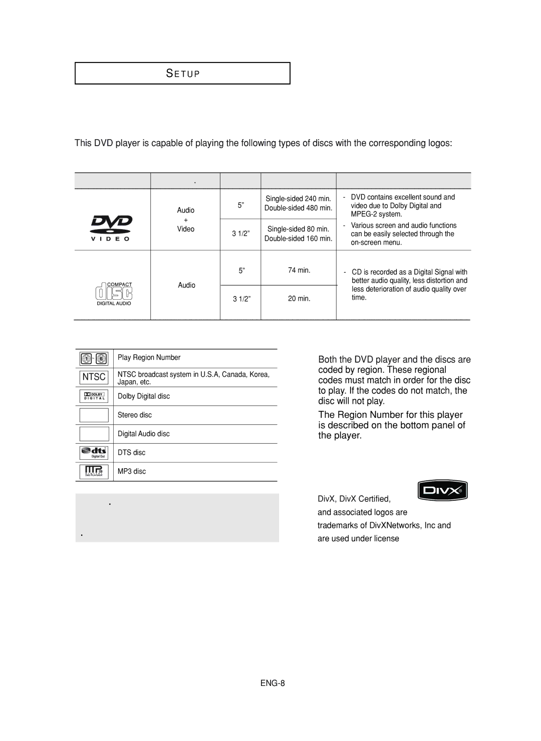 Samsung DVD-FP580, DVD-F1080 manual Disc Type and Characteristics, Disc Markings, Region Number, DivX Certification 