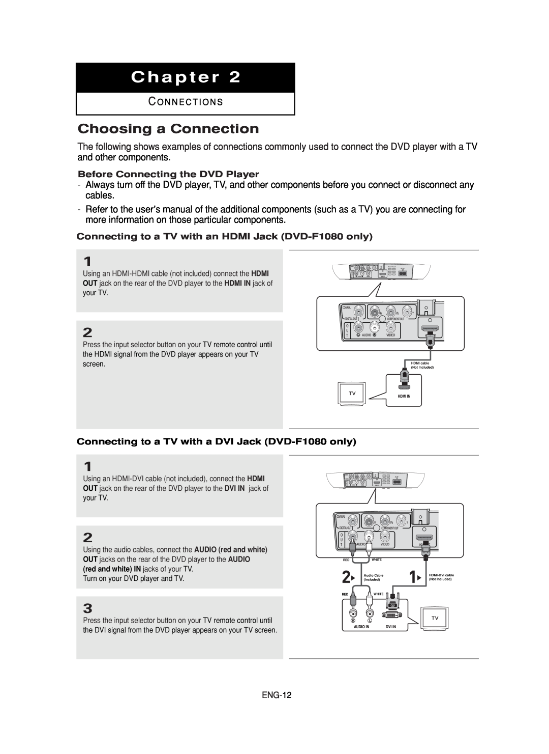 Samsung DVD-FP580 manual Choosing a Connection, Chapter, Connecting to a TV with a DVI Jack DVD-F1080 only 