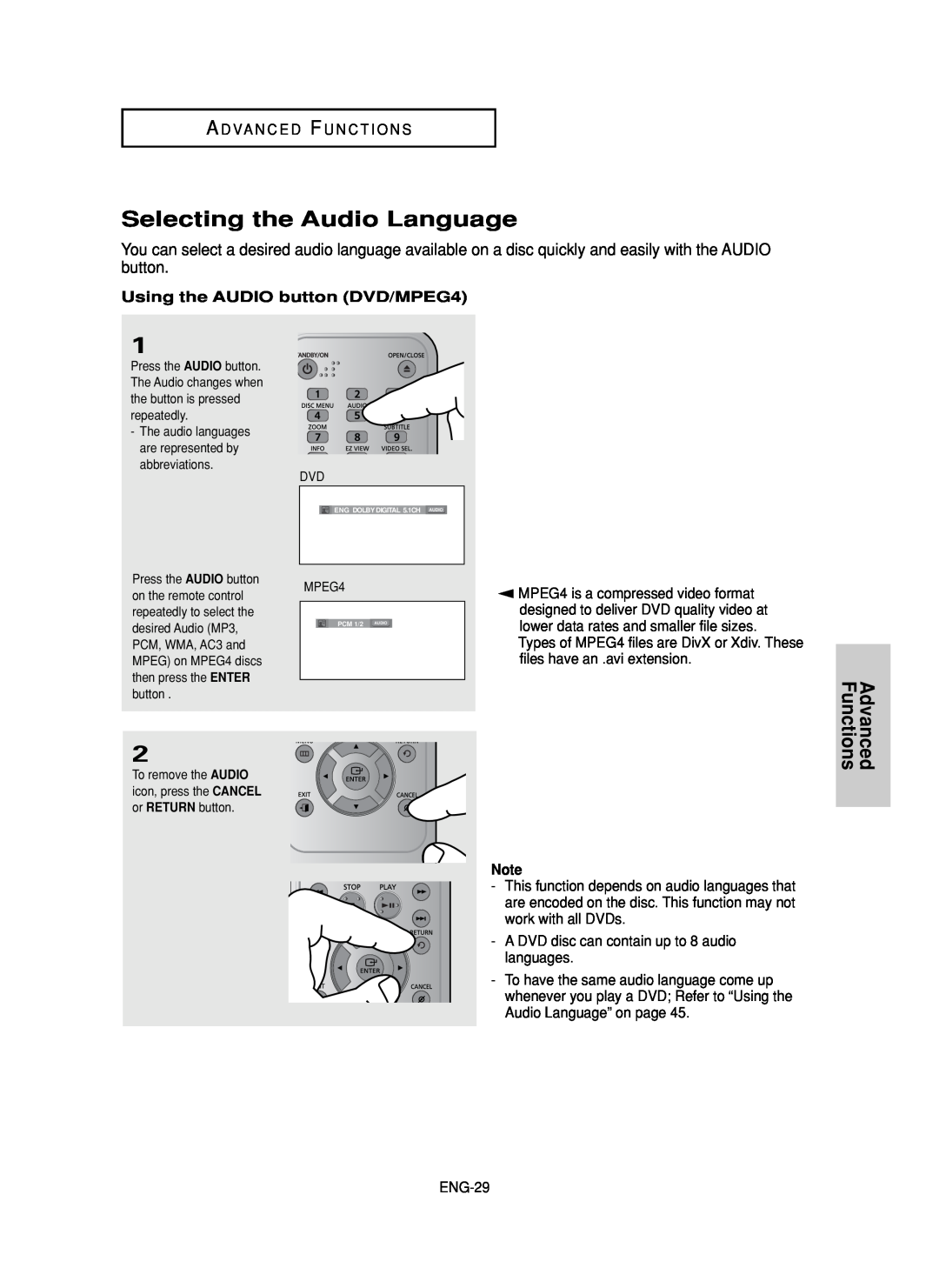 Samsung DVD-F1080, DVD-FP580 manual Selecting the Audio Language, Using the AUDIO button DVD/MPEG4 