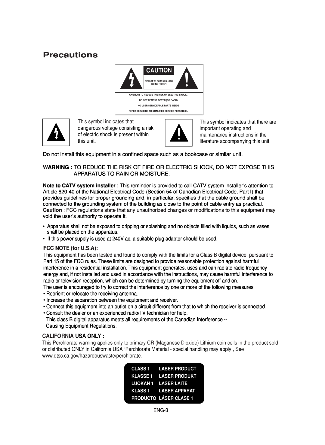 Samsung DVD-F1080, DVD-FP580 manual Precautions, FCC NOTE for U.S.A, California Usa Only 