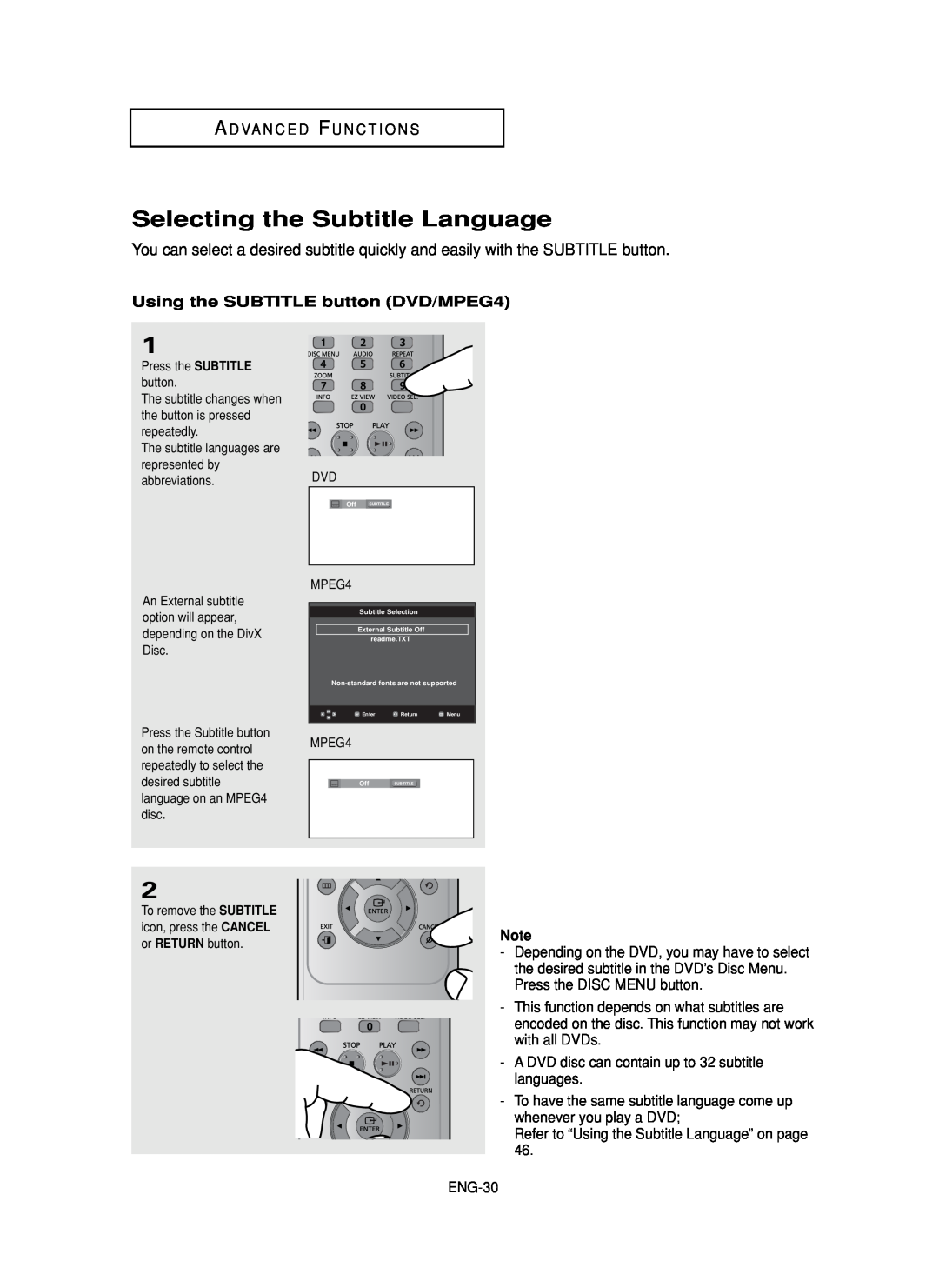 Samsung DVD-FP580, DVD-F1080 manual Selecting the Subtitle Language, Using the SUBTITLE button DVD/MPEG4 